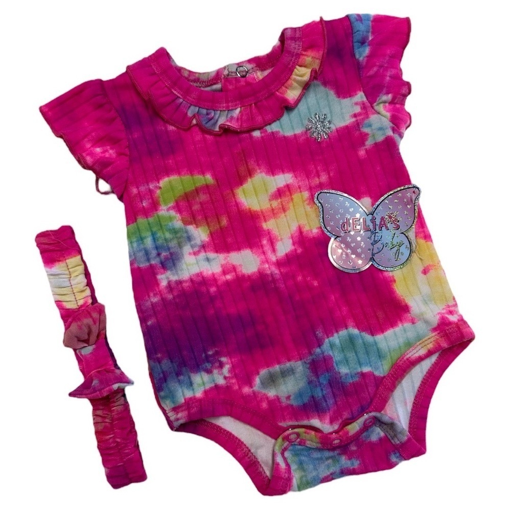 Delia’s Tie Day 0-3m Baby Girl Matching Bodysuit & Headband Set NWT